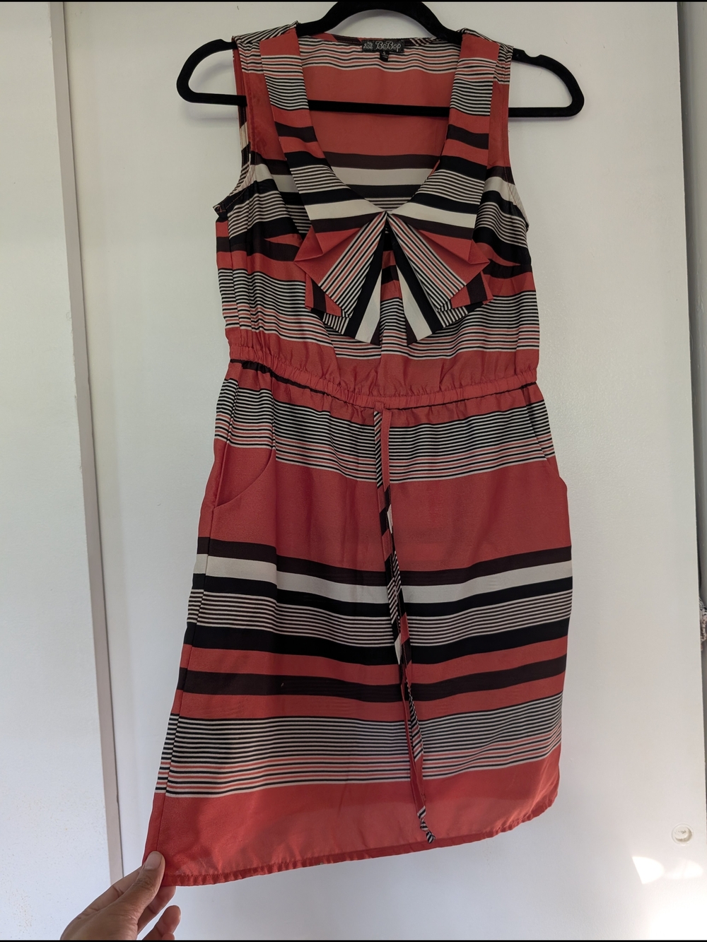 BeBop Coral, Black & White Striped Midi Dress